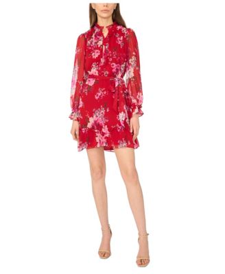 Women's Floral-Print Tie-Waist Ruffle-Trim Mini Dress