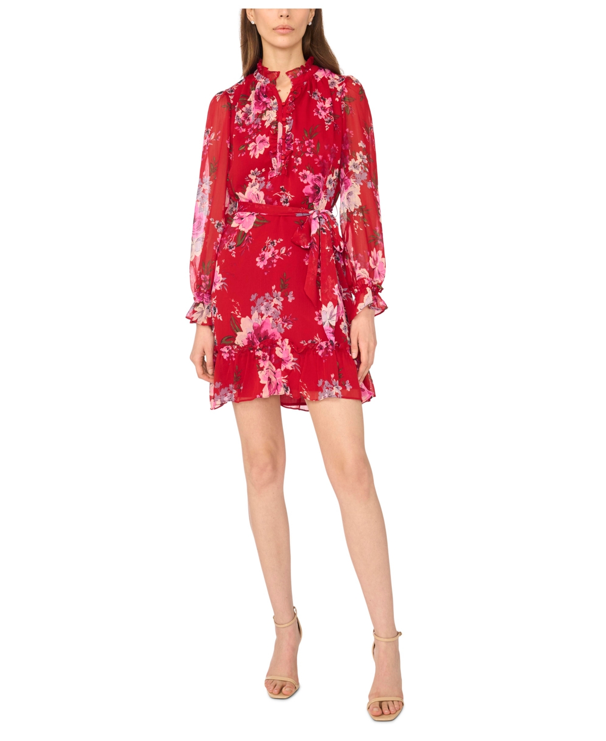 CeCe Women's Floral-Print Tie-Waist Ruffle-Trim Mini Dress - Deep Crimson