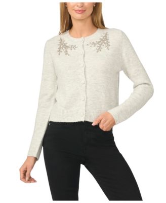 Women's Crewneck Long-Sleeve Embellished Cardigan Sweater