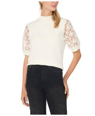Women's Mock Neck Short-Sleeve Floral Sweater