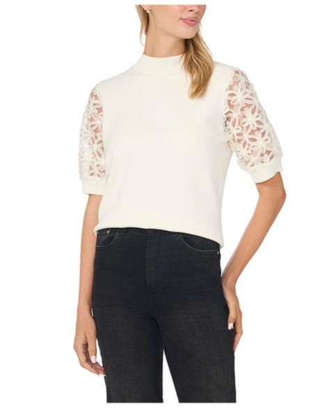 Женский свитер CeCe Mock Neck Short-Sleeve Floral, цвет: Слоновая кость