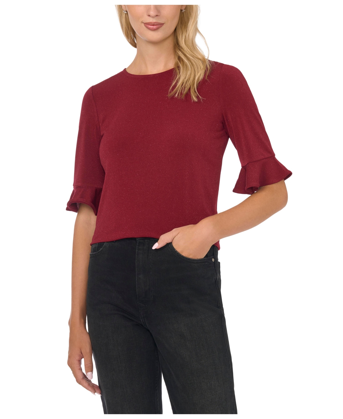 CeCe Women's Velvet 3/4-Length Sleeve Crewneck Top