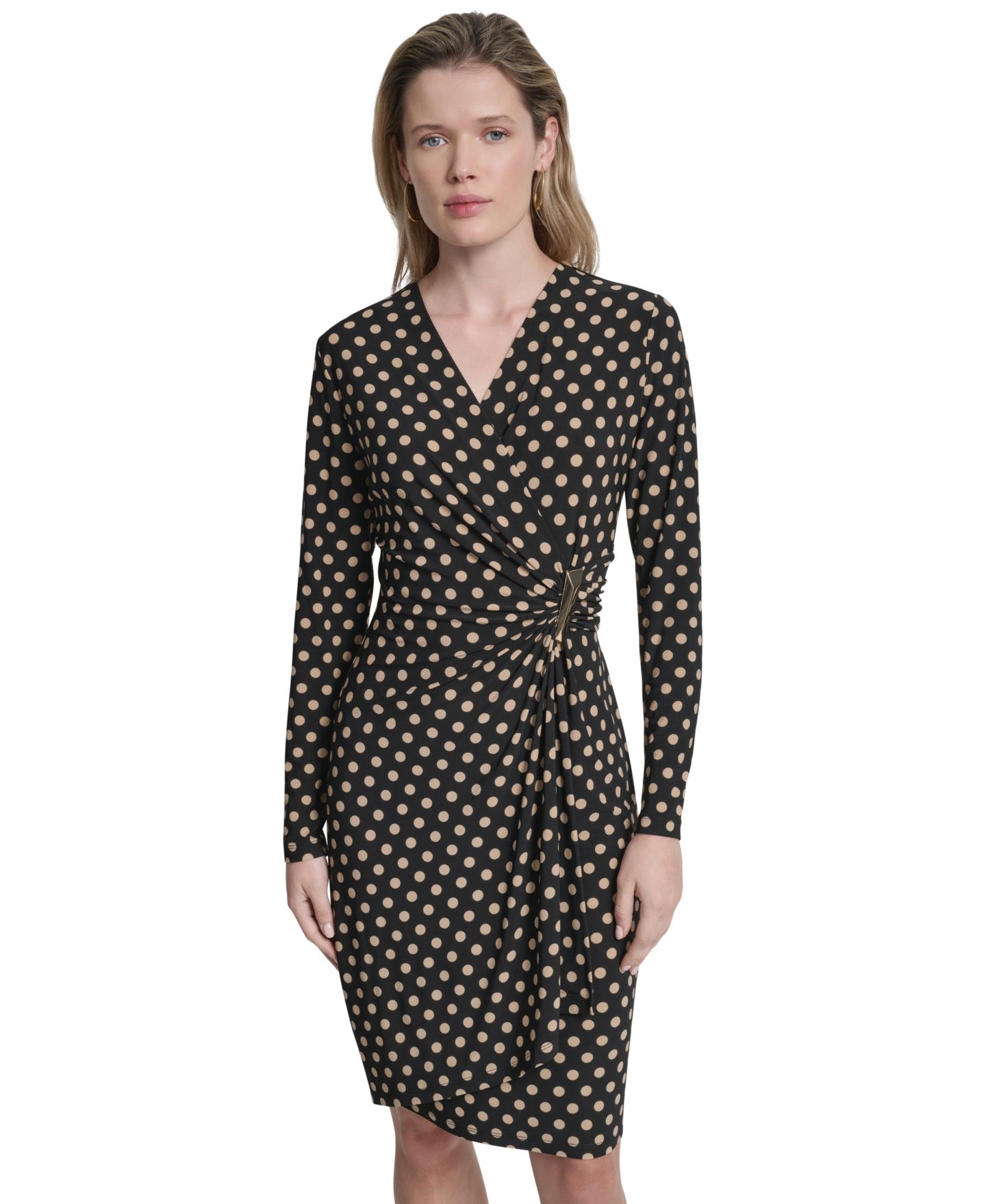 Женское платье DKNY Long-Sleeve Knee Length, цвет: Чёрный / Песочный — фото 2