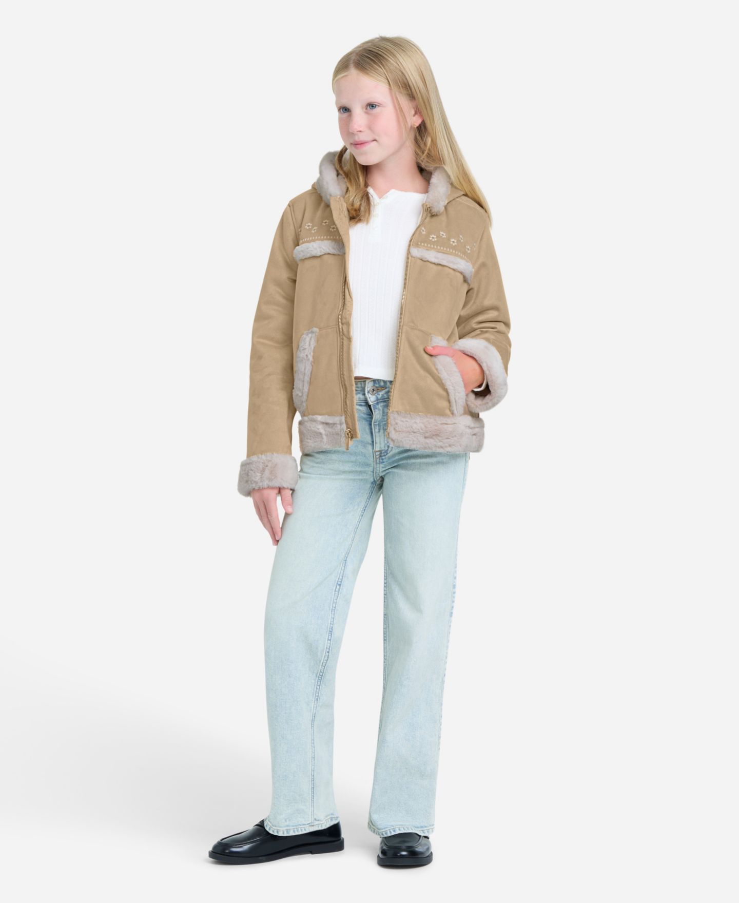Куртка abercrombie kids AFG Embroidered Jacket With Faux-Fur Trim для девочек, цвет: Бежевый — фото 3
