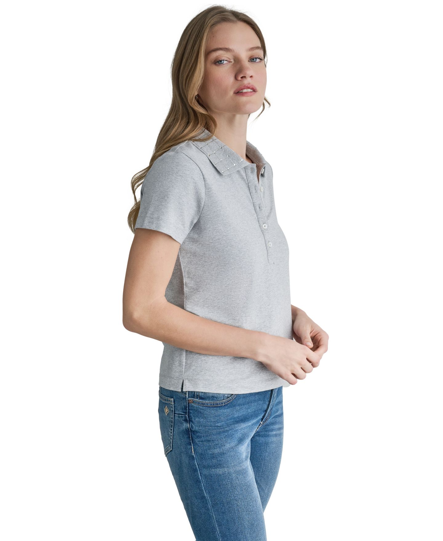 Женское поло BCBG Embellished Short-Sleeve Polo, цвет: Каменный серый меланжевый — фото 3