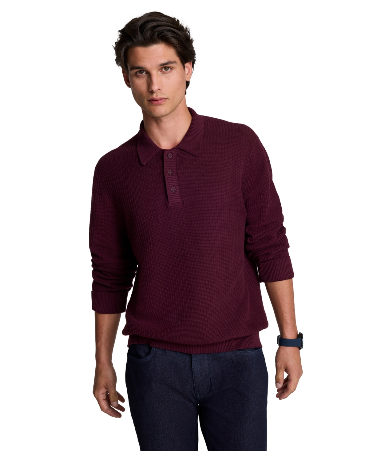 Kenneth Cole Men's Long-Sleeve Textured Classic-Fit Polo - Fig