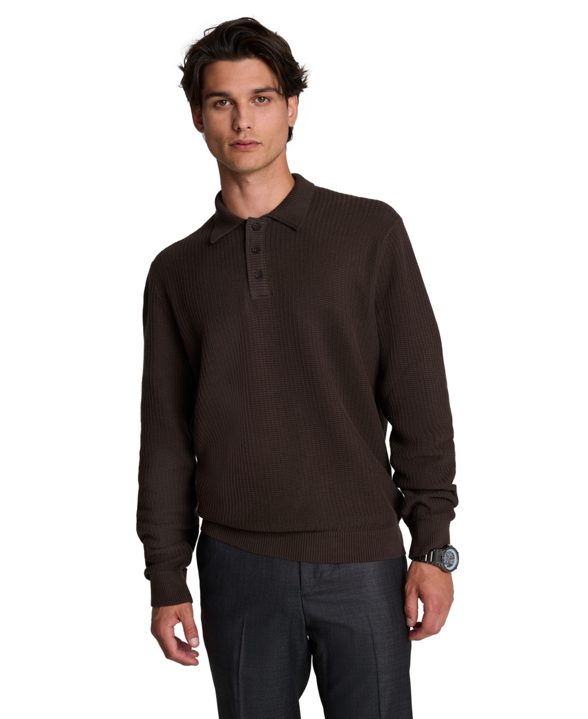 Kenneth Cole Men's Long-Sleeve Textured Classic-Fit Polo - Medium Brown