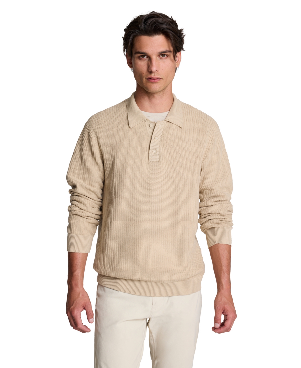 Kenneth Cole Men's Long-Sleeve Textured Classic-Fit Polo - Tan Mix