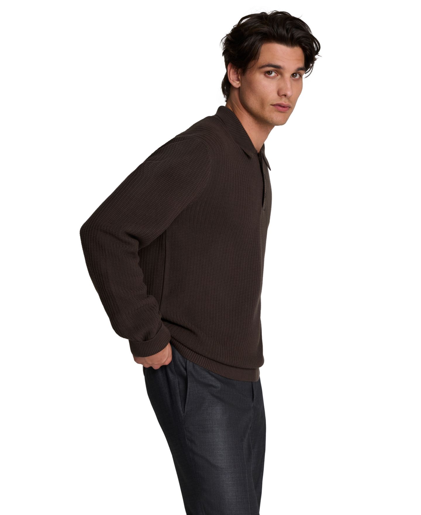 Мужское поло Kenneth Cole Long-Sleeve Textured Classic-Fit Polo Shirt, цвет: Инжирный — фото 6