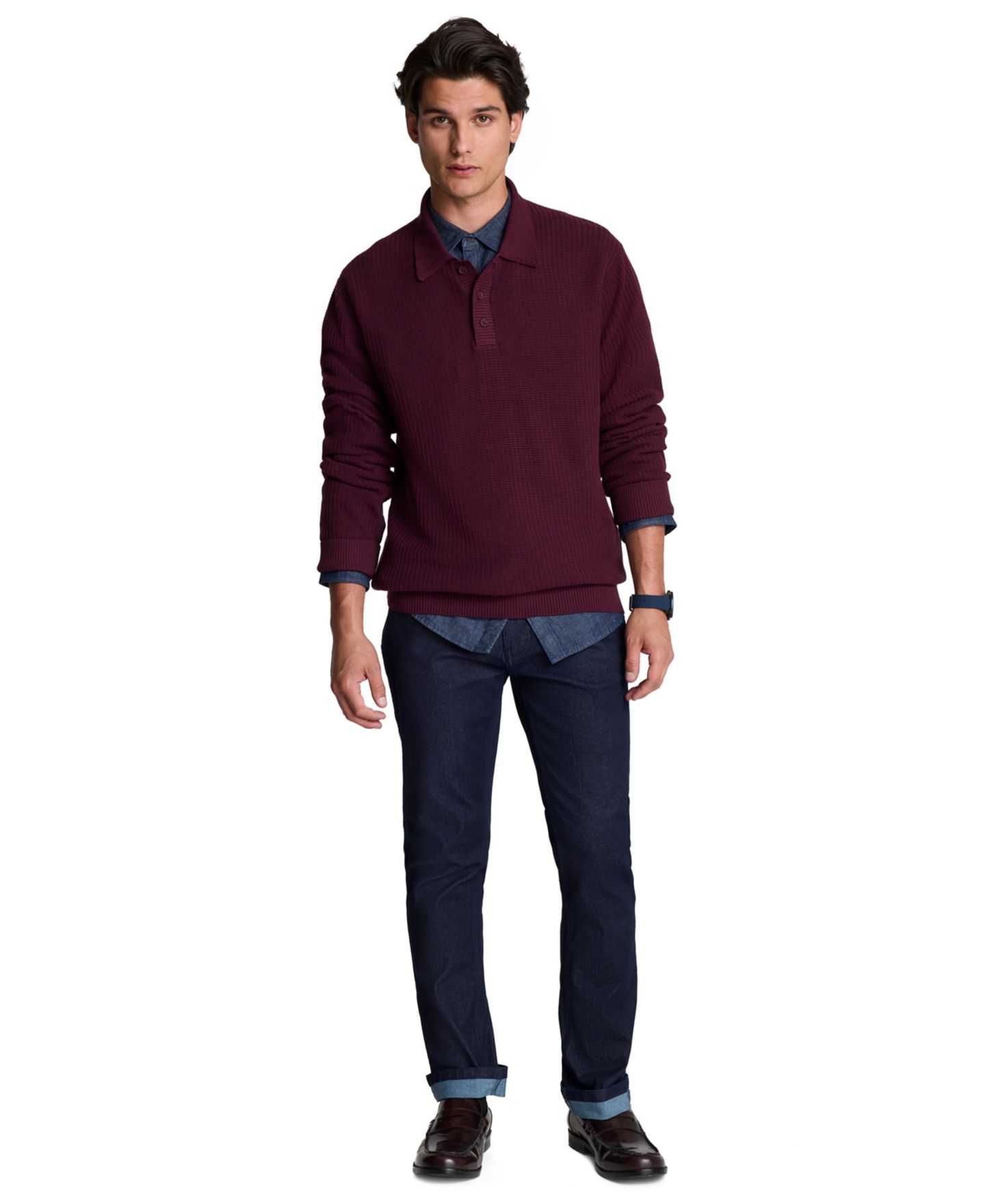 Мужское поло Kenneth Cole Long-Sleeve Textured Classic-Fit Polo Shirt, цвет: Инжирный — фото 2