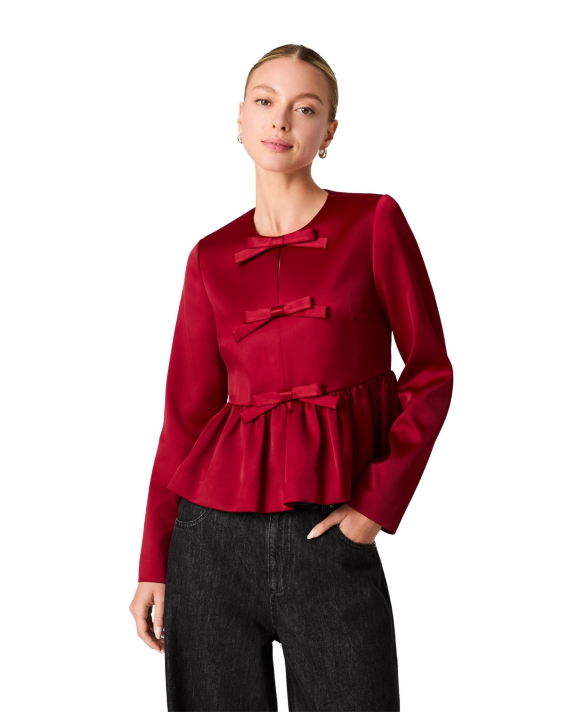 French Connection Women's Carey Satin Peplum Bow Long-Sleeve Top - Cranberry Glaze