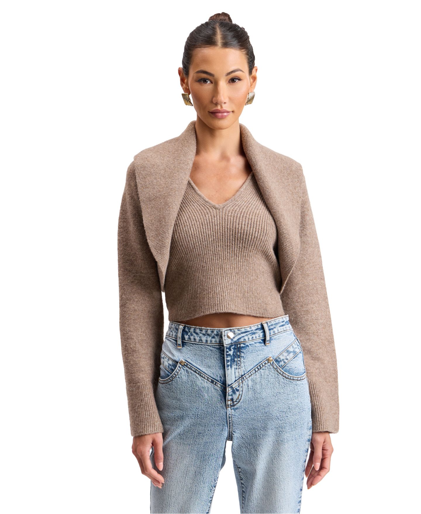 Женские болеро Avec Les Filles Oversized Shawl-Collar Cropped Shrug, цвет: Серо-бежевый — фото 4