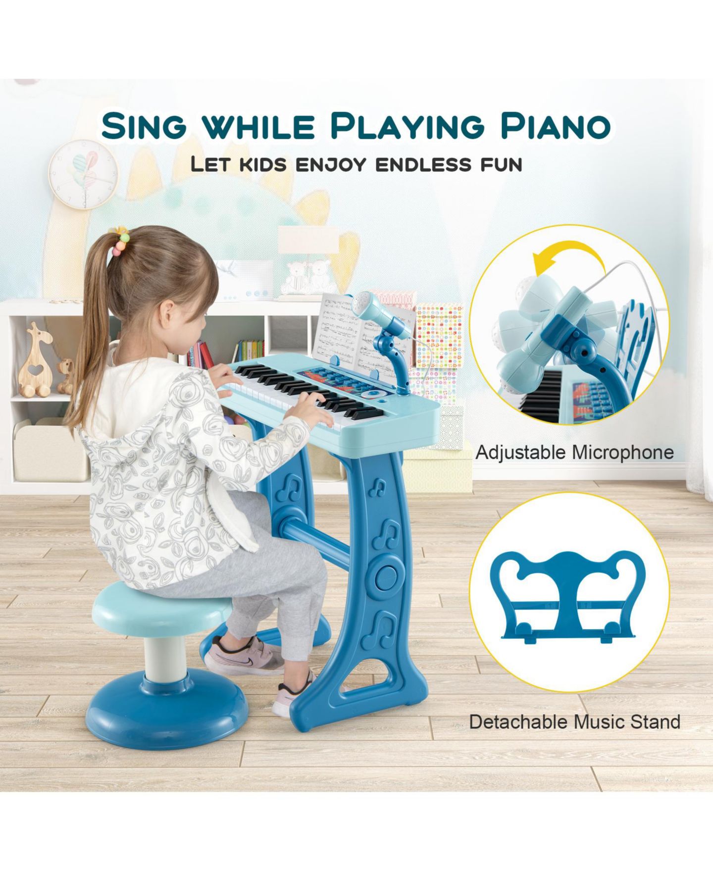 Детские игрушки Mecale 37-Key Kids Piano Keyboard with Microphone and Stool, 4-Piece Set, Ages 3+, цвет: Синий — фото 4