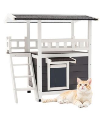 Elevated 2-Story Wooden Cat Shelter with Balcony and Stairs