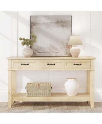 54" Farmhouse Console Table with 3 Drawers and Open Shelf, Wood Finish Entryway Table