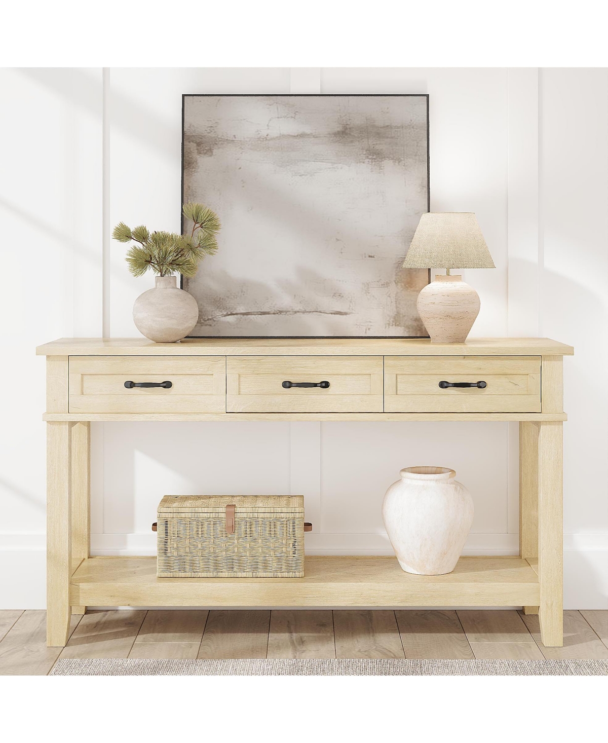 54" Farmhouse Console Table with 3 Drawers and Open Shelf, Wood Finish Entryway Table
