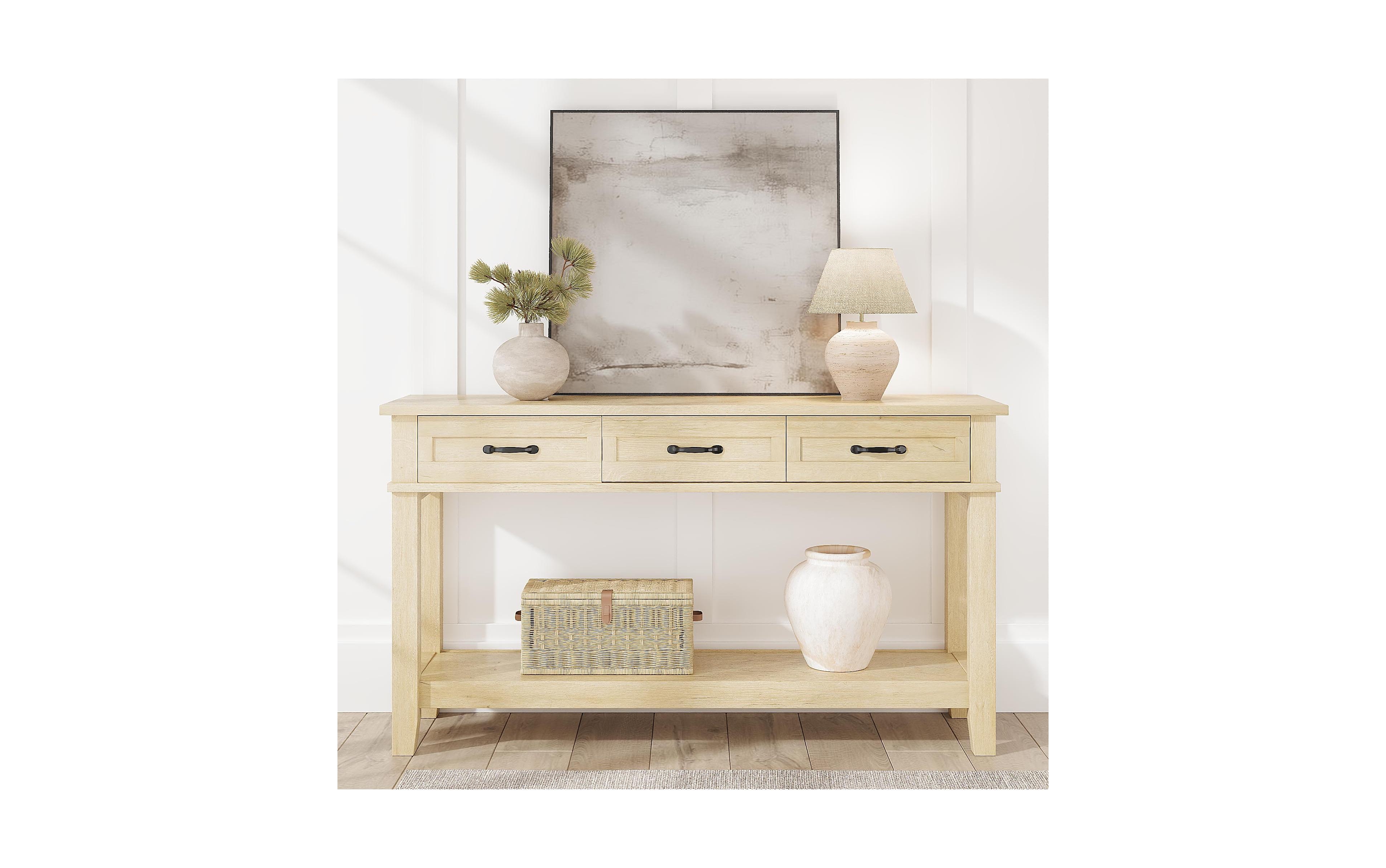 54" Farmhouse Console Table with 3 Drawers and Open Shelf, Wood Finish Entryway Table