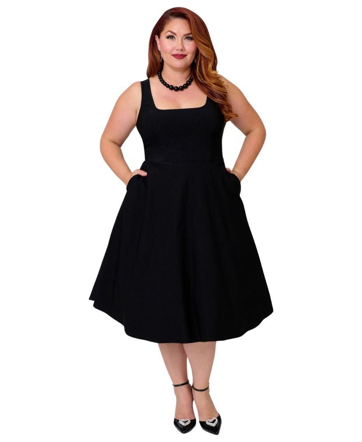 Unique Vintage Plus Square Neck Pleated Swing Dress
