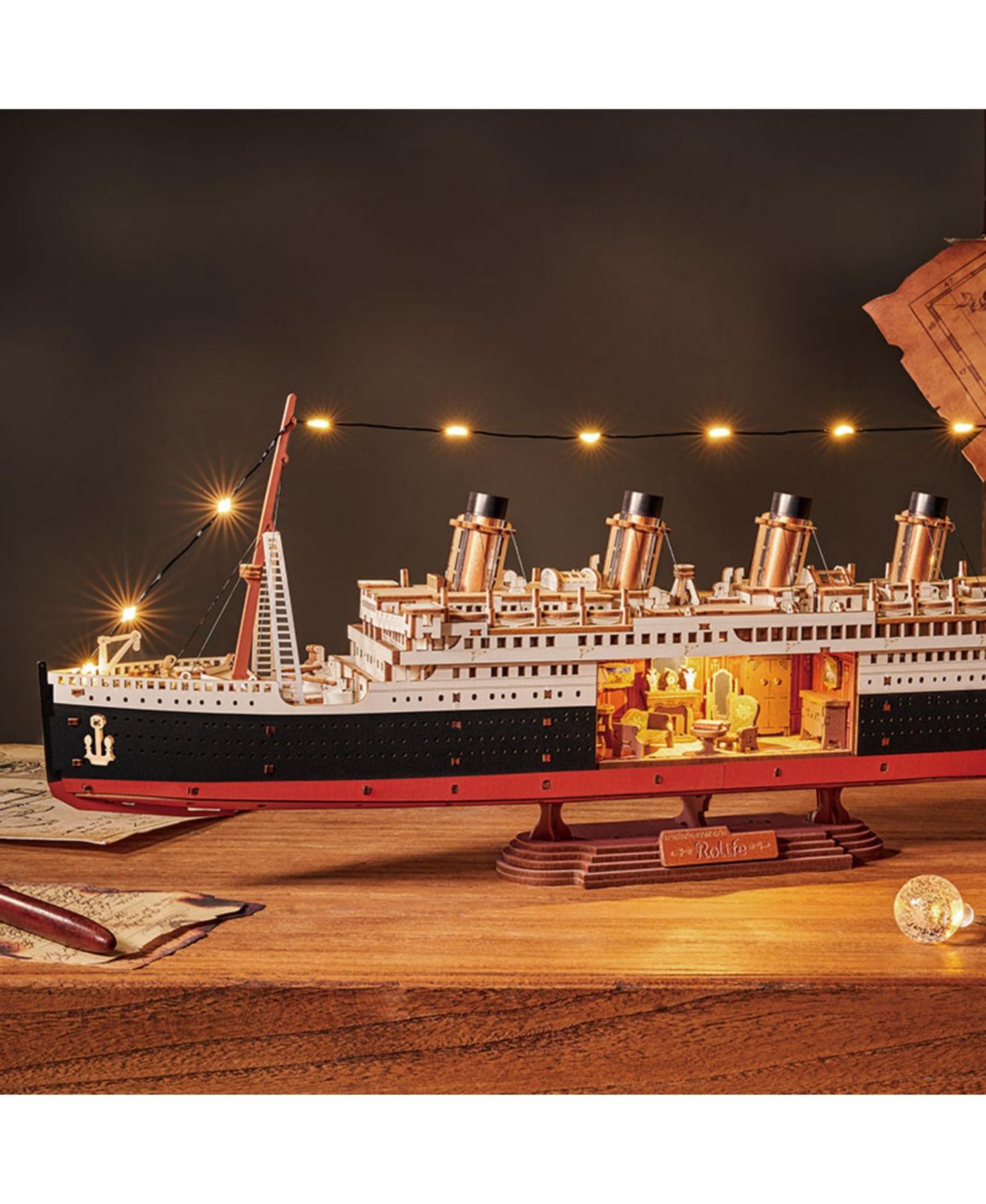 Детский конструктор Robotime Titanic 1912 Eternal Atlantic Voyager 3D Wooden Puzzle Building Set with LED Lights, 433-Piece, Ages 14+ — фото 2