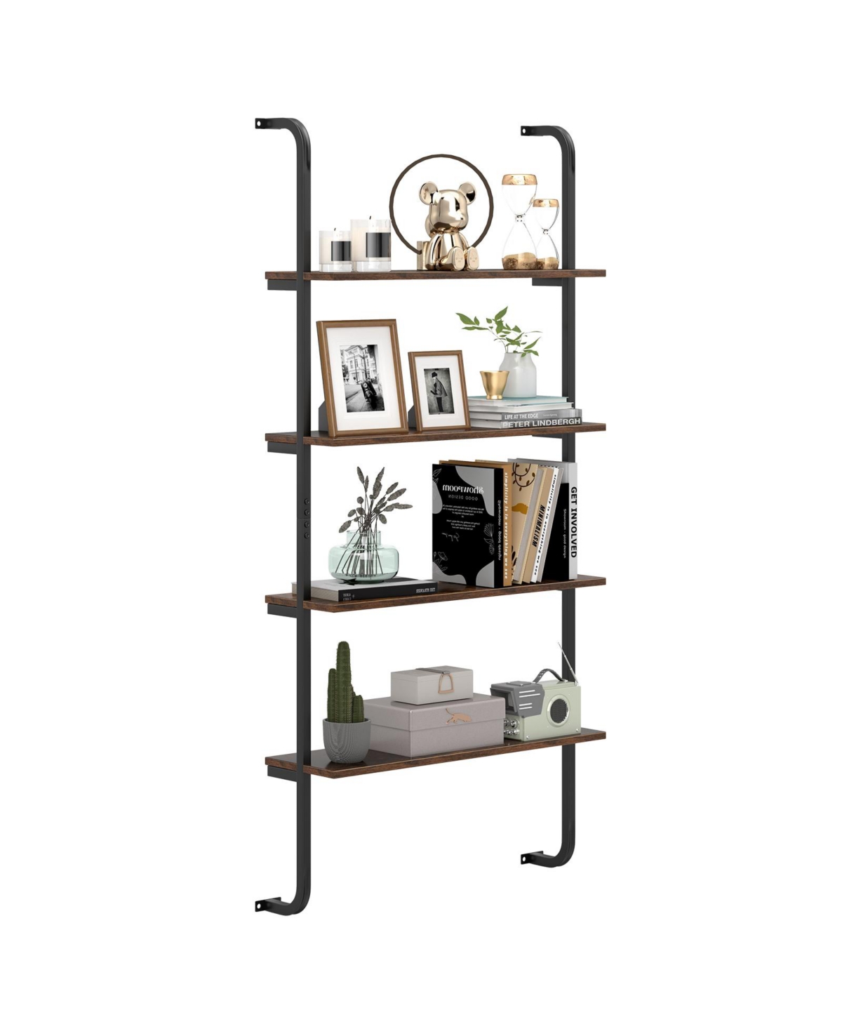 Mecale 59 Inch 4-Tier Engineered Wood and Metal Industrial Wall-Mounted Ladder Shelf - Rustic brown