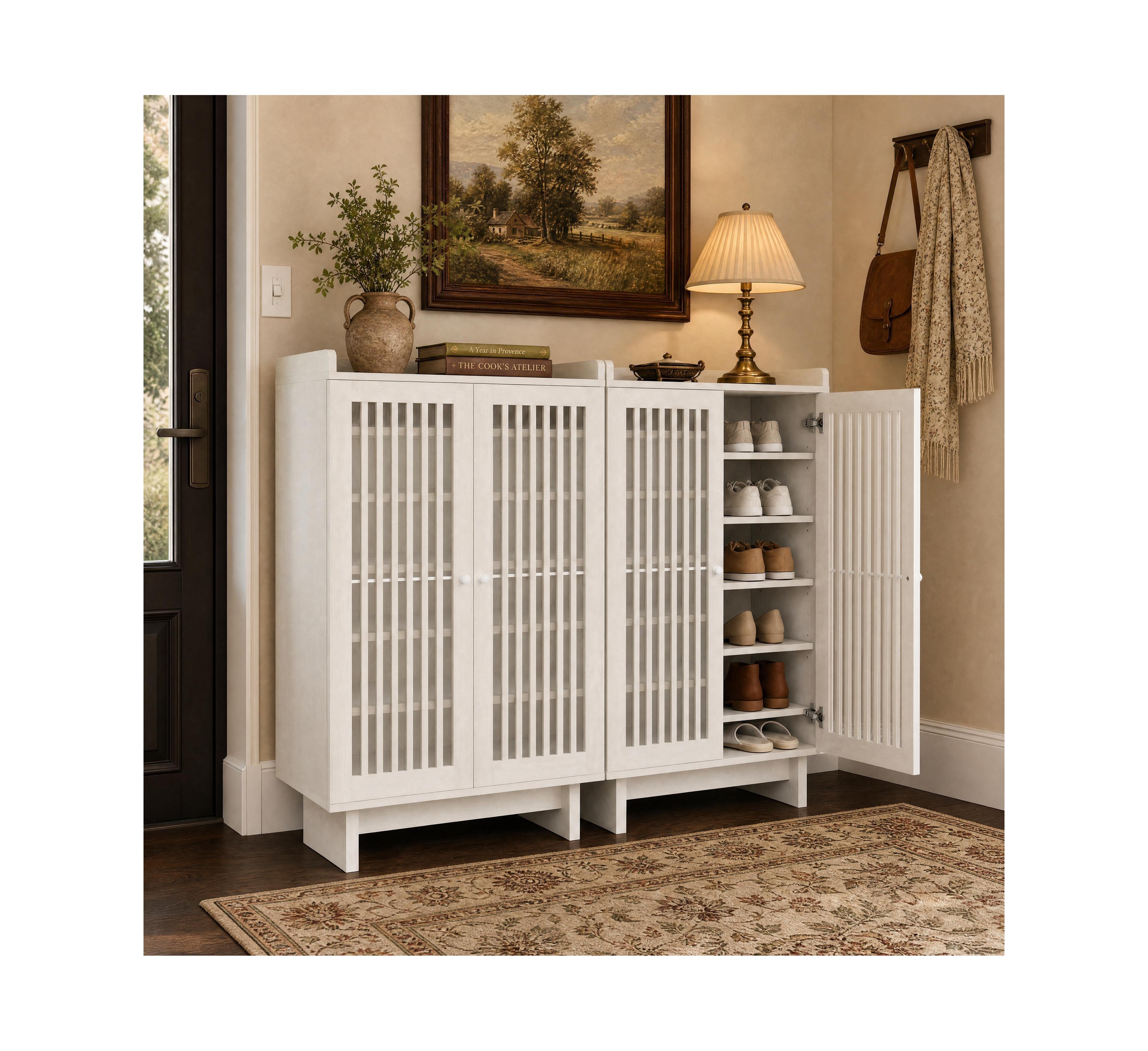 homfan Set of 2 Wooden Shoe Storage Cabinets, 31.5" Wood Grain, Louvered Doors and Adjustable Shelves