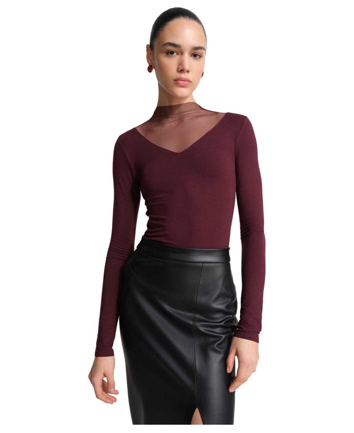 Marcella Women's Saige Long-Sleeve Sheer Funnel Neck Top - Burgundy