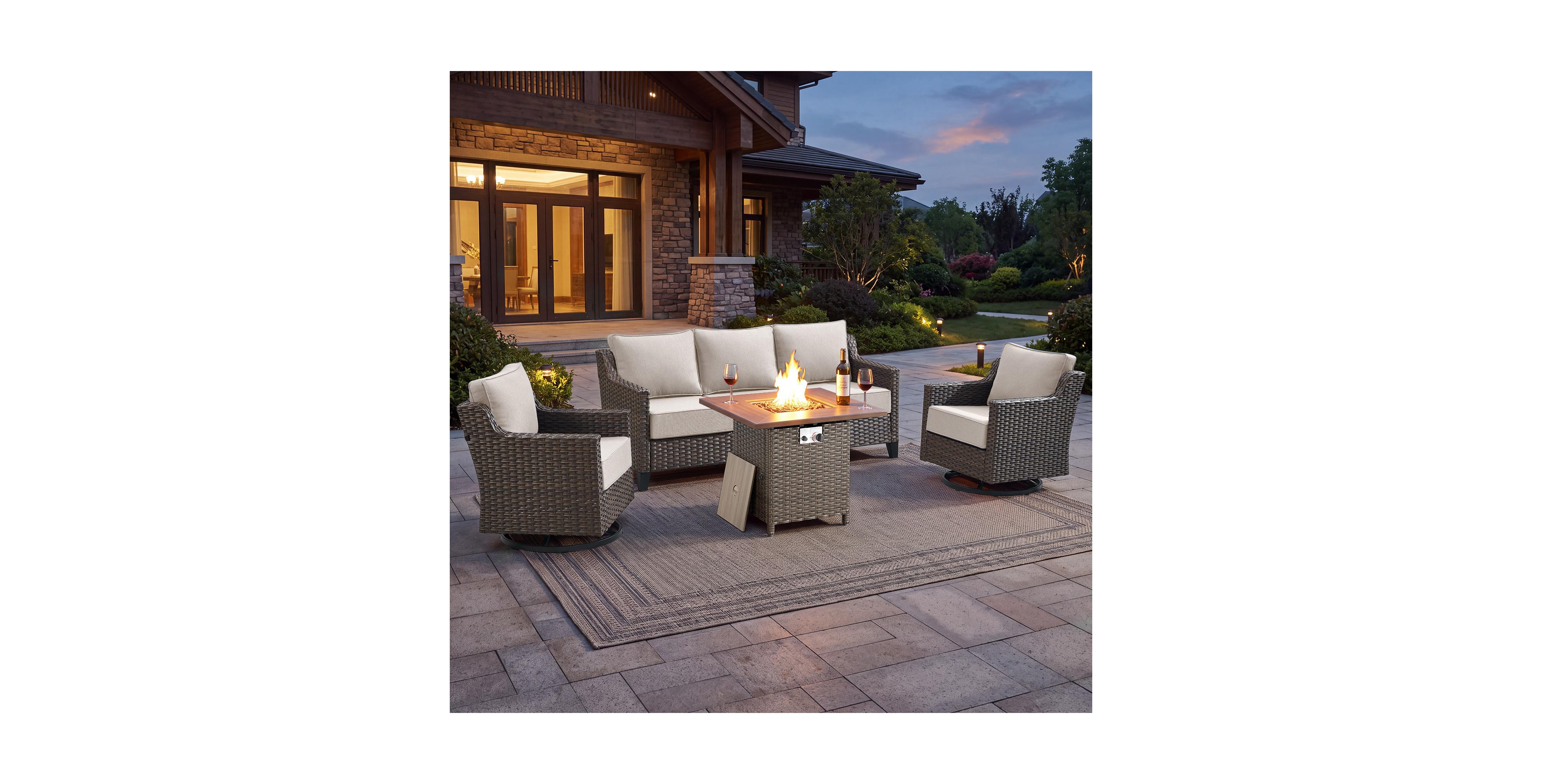 Pocassy Horiz 4-Piece All-Weather Wicker Patio Furniture Set with Fire Pit Table and Swivel Rocker Chairs, 6-inch Thick Cushion