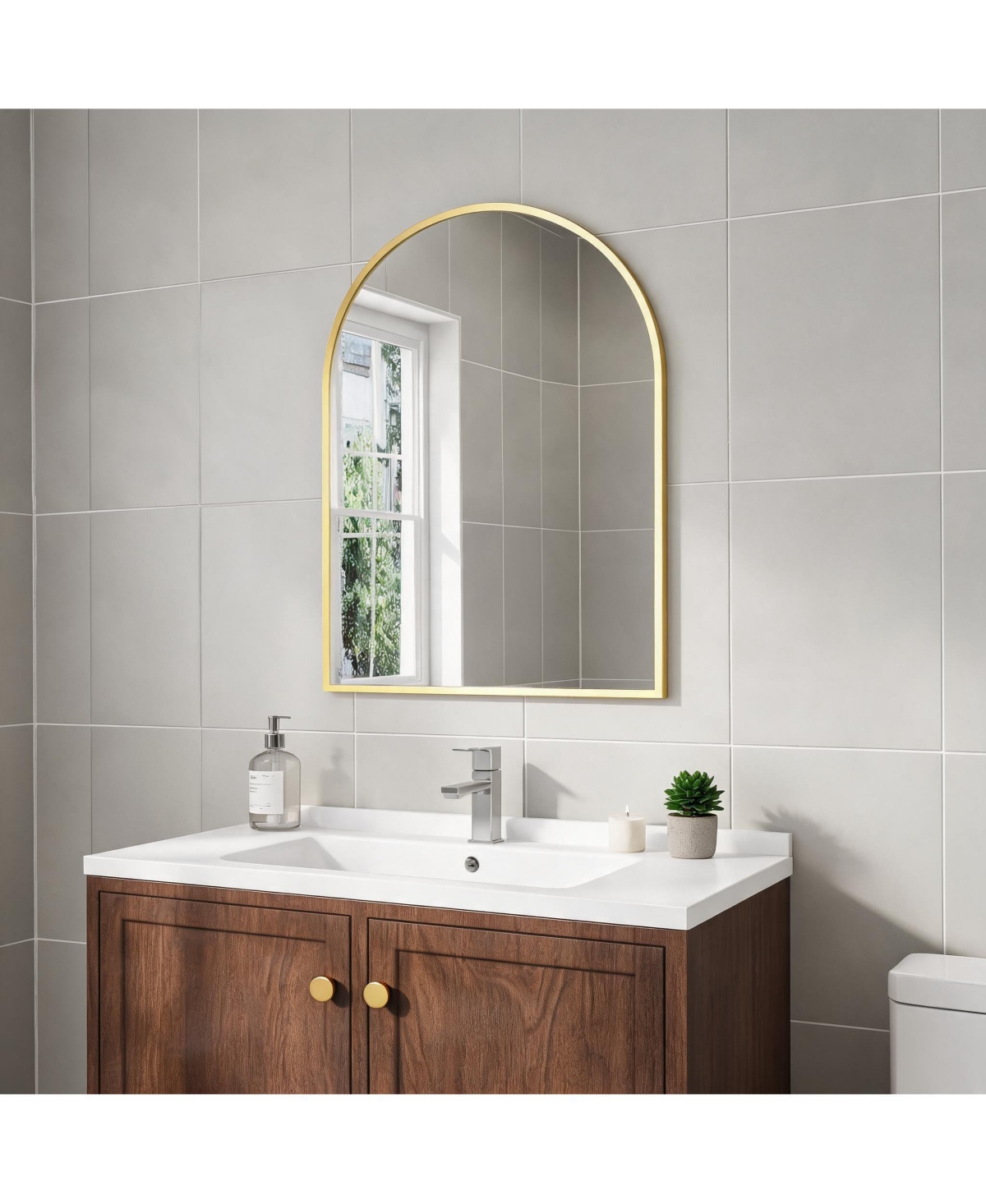 homfan Arched Wall Mirror Aluminum Alloy Framed Vanity Mirror, Tempered Glass Decorative Mirror for Bathroom Entryway Living Room