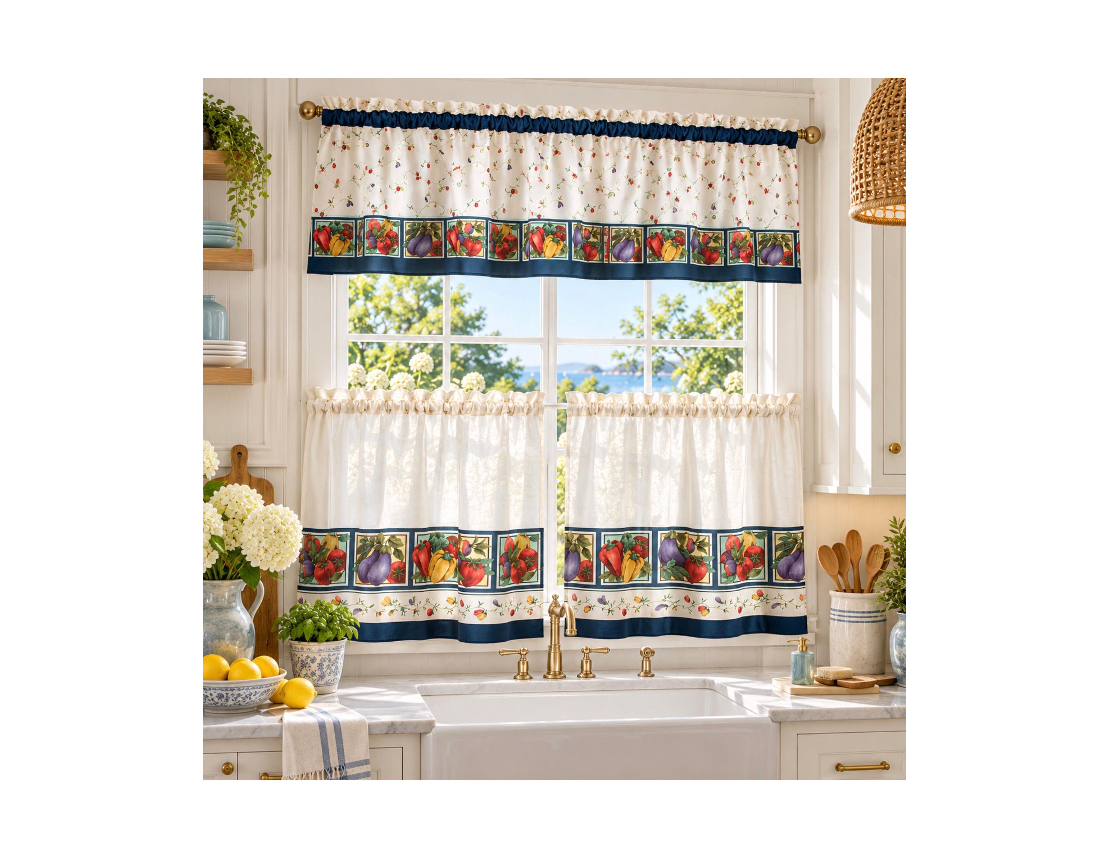 Kate Aurora Garden Veggies 3 Piece Tier And Valance Lightweight Sheer Cafe Kitchen Curtain Set