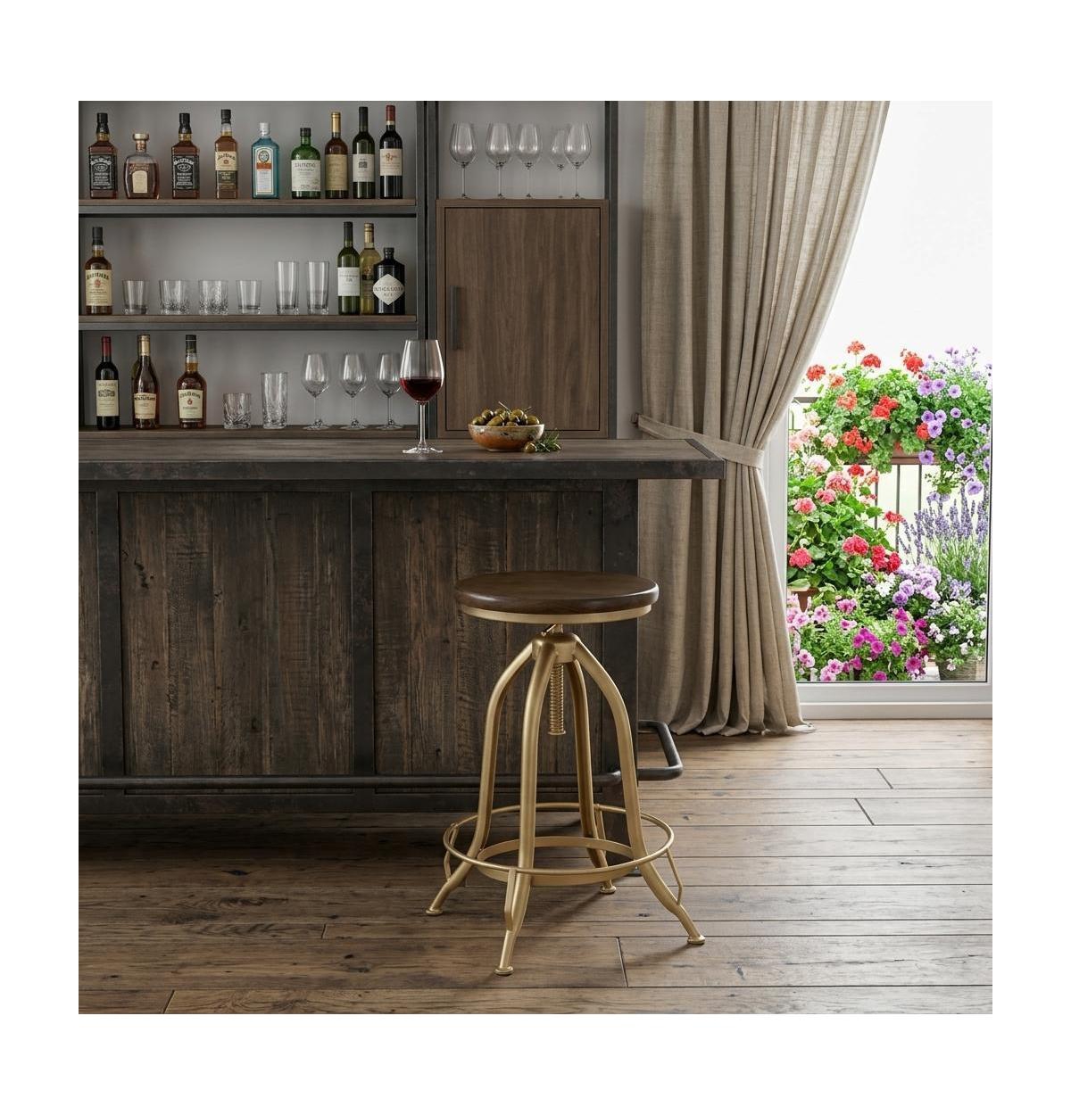 HomeRoots Solid Wood And Steel Backless Adjustable Height Swivel Bar Chair - Brown