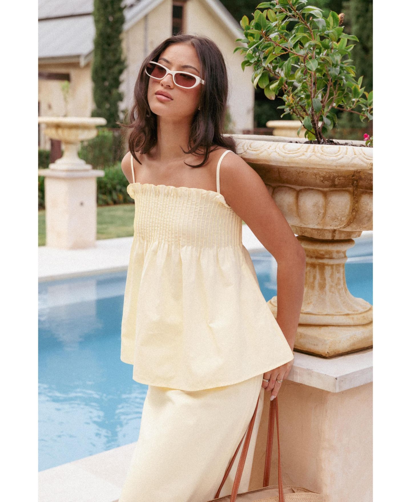 Женский топ Petal & Pup Carson Square Neck Spaghetti-Strap Pleated, цвет: Сливочный жёлтый — фото 4