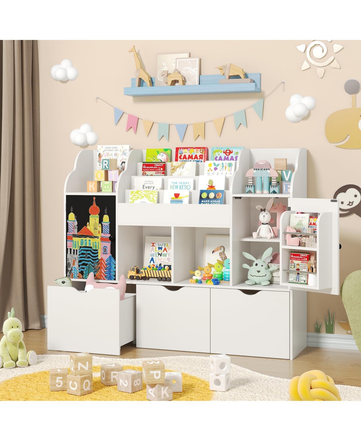Vabches 47.3 Inch 4-Tier Engineered Wood Kids Bookshelf and Toy Storage Organizer with Chalkboard