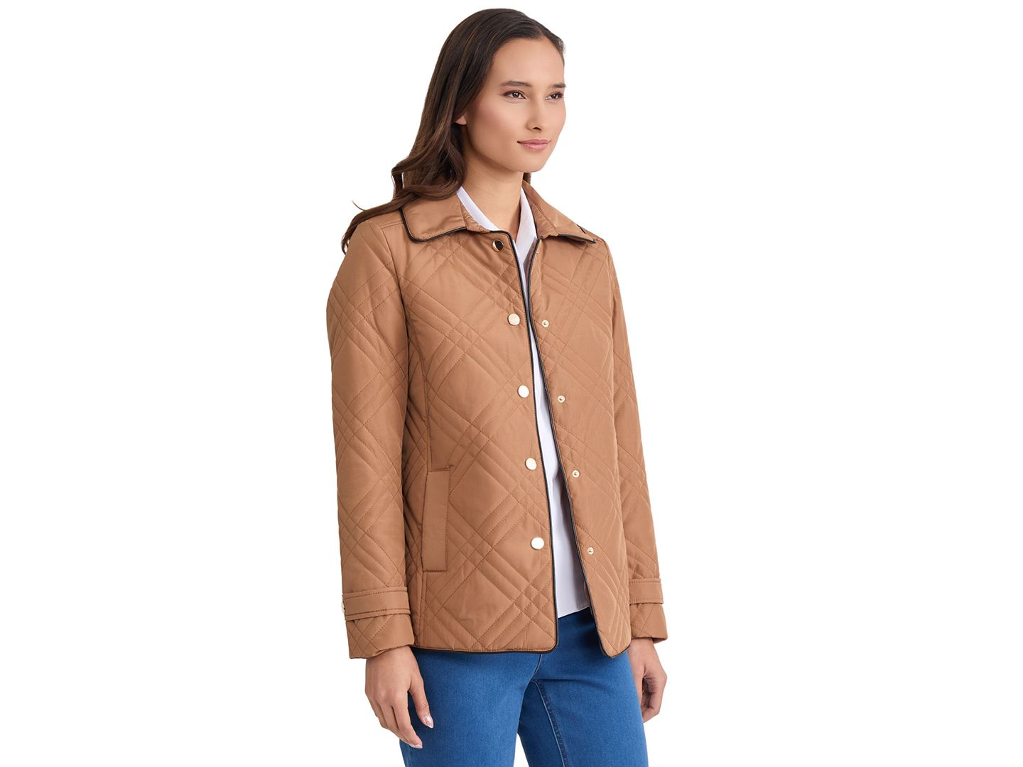 Женская куртка Jones New York Triple-Diamond-Quilted Faux-Leather-Piping, цвет: Карамельный / Чёрный — фото 2