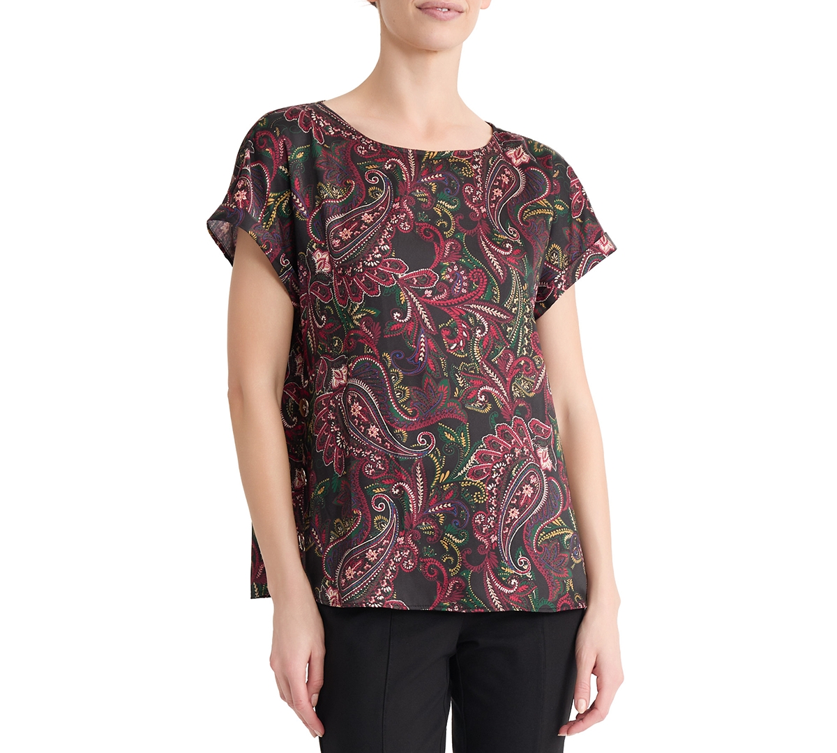 Jones New York Women's Boat Neck Short-Sleeve Paisley Print Blouse - Jones Black