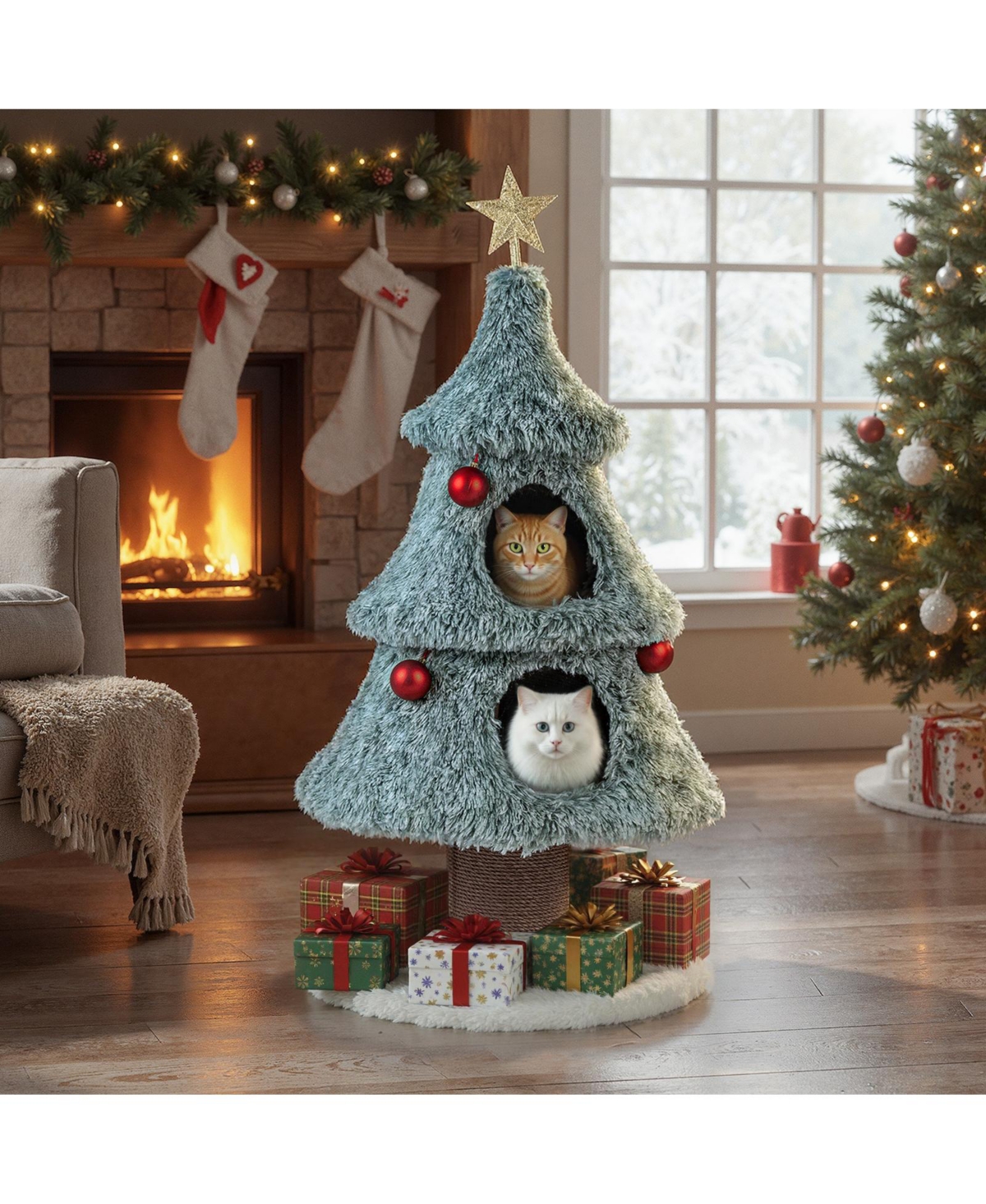 Zeny Christmas Cat Tree 48.5in with 2 Large Condos, Plush