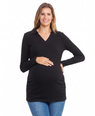 Maternity Collared V-Neck Long-Sleeve Rib-Knit Top