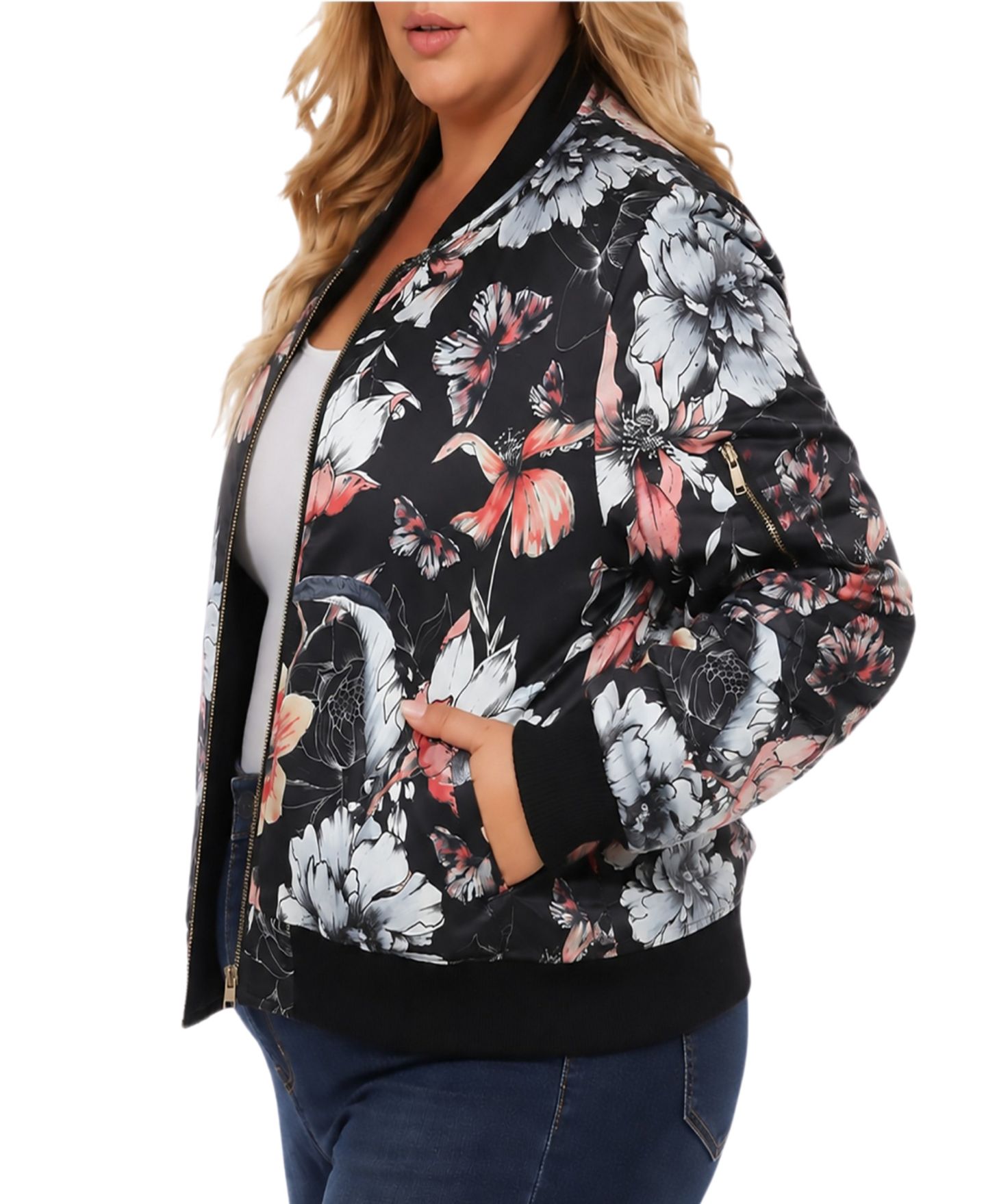 Женская куртка White Mark Plus Size Floral-Print Bomber, цвет: Чёрный — фото 3