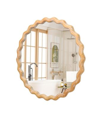 27.5 Inch Round Farmhouse Wall Mirror with Wavy Wooden Frame Rustic Decorative Mirror for Bathroom Bedroom Entryway
