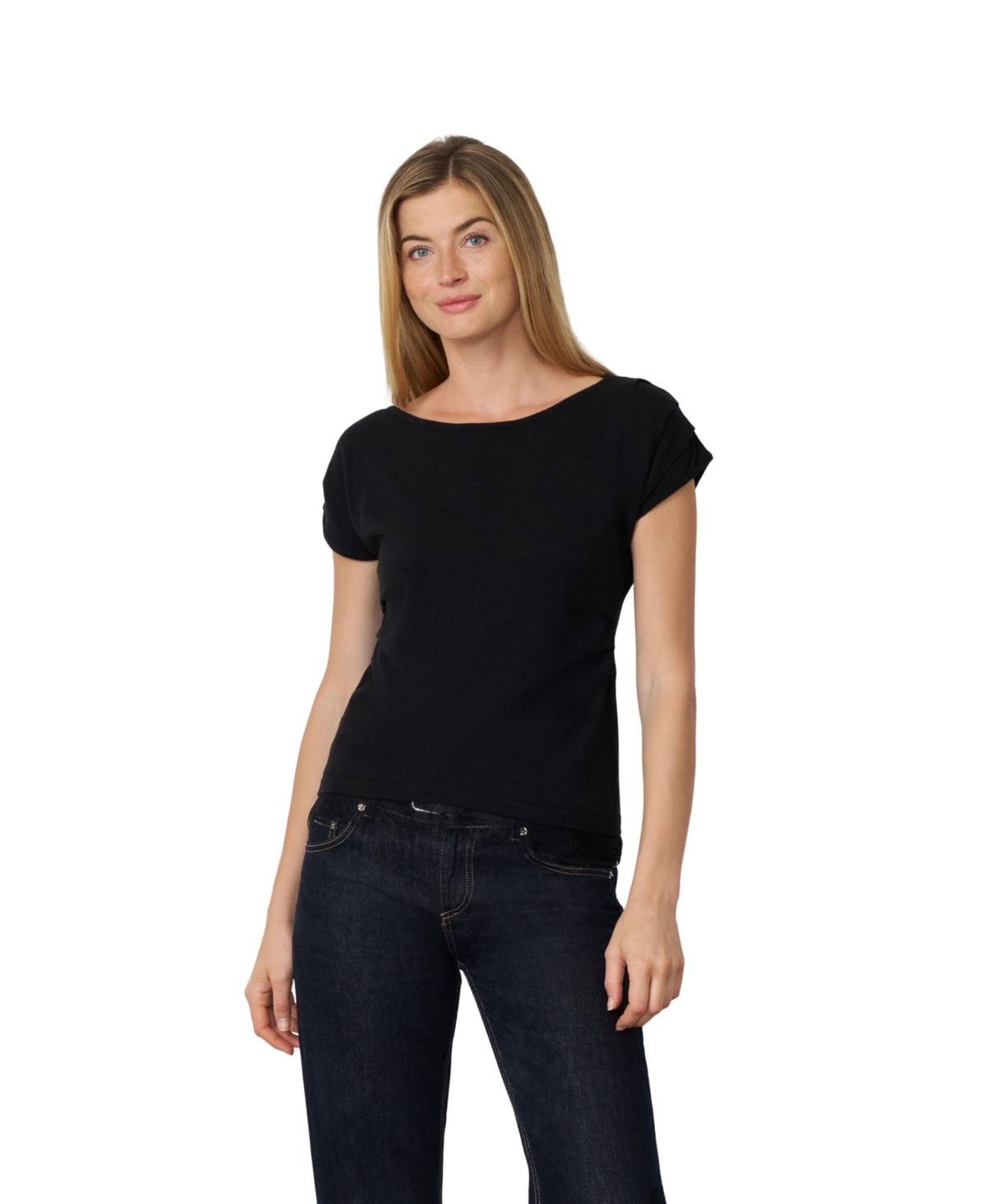 Cable & Gauge Women's Asymmetric Neck Lace Hem Sweater - Jet Black