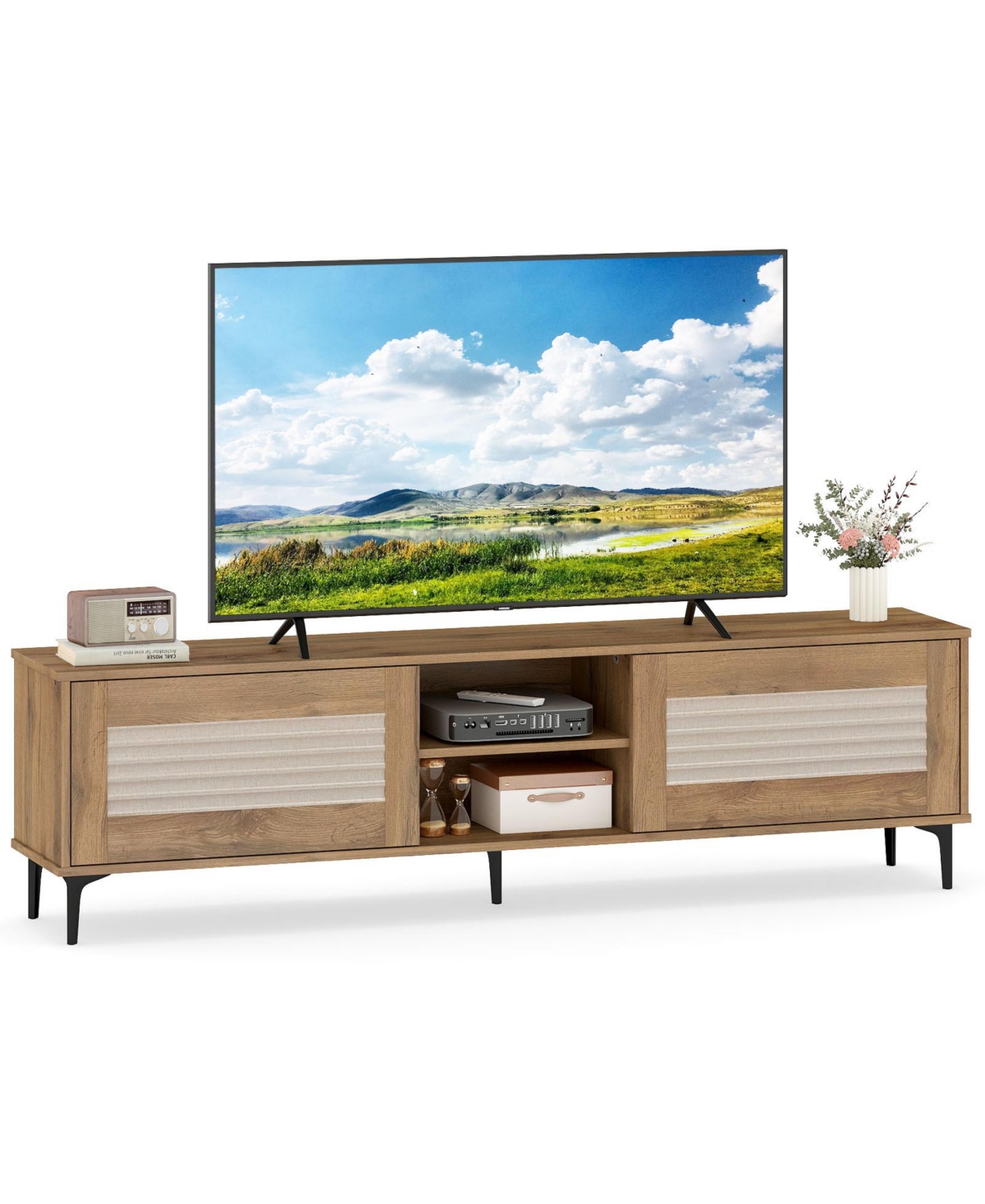 Mecale Tv Stand for TVs up to 70 Inches with Fluted Doors and Cabinets