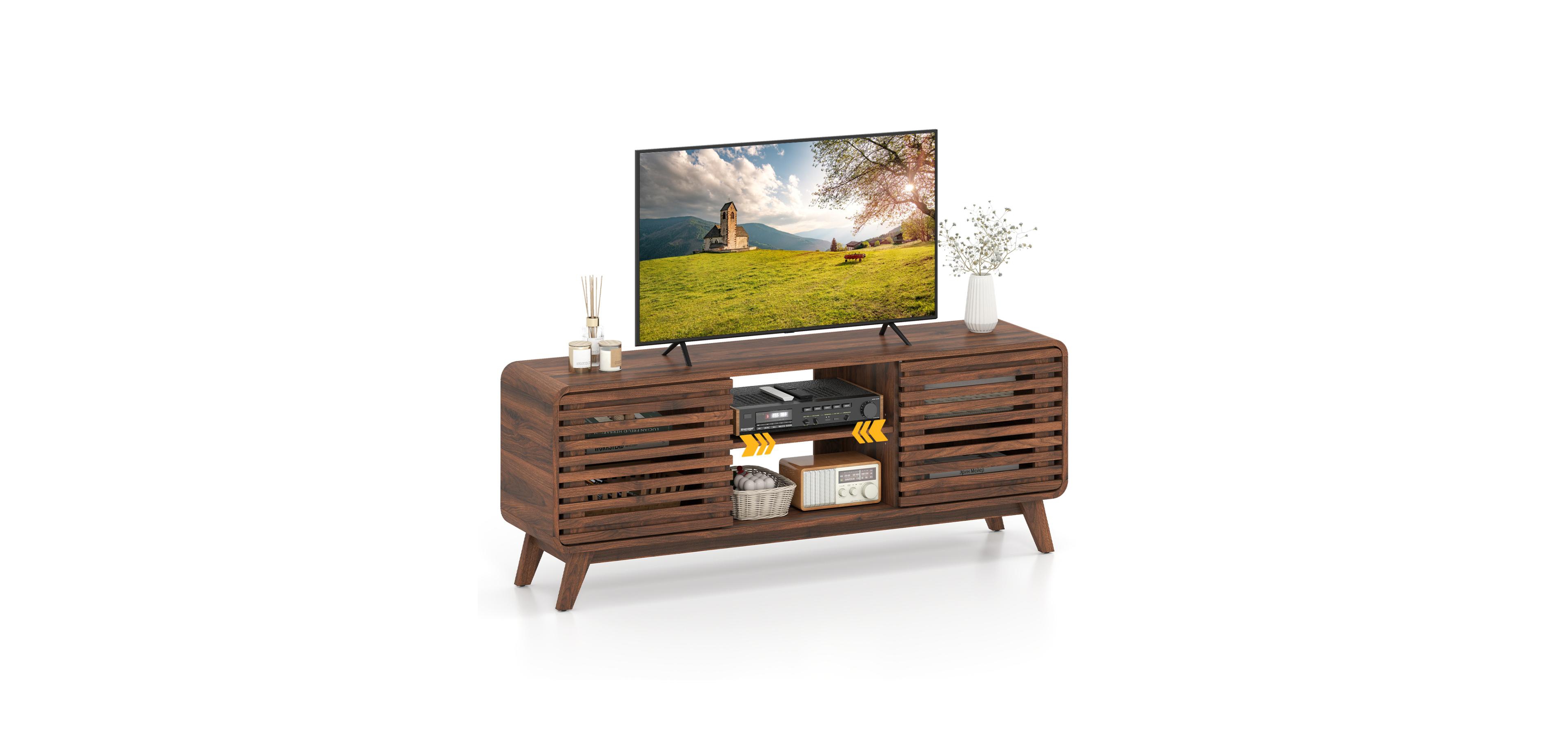Mecale Mid-Century Entertainment Center with Grille Sliding Doors