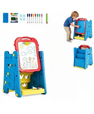 3-in-1 Kids Double Sided Art Easel, Magnetic Whiteboard and Chalkboard Standing Drawing Board with Adjustable Height Angle