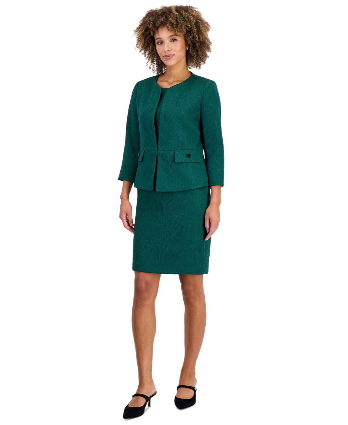 Le Suit Women's Jacquard 3/4-Sleeve Open-Front Cardigan and Dress, 2-Piece Set - Emerald