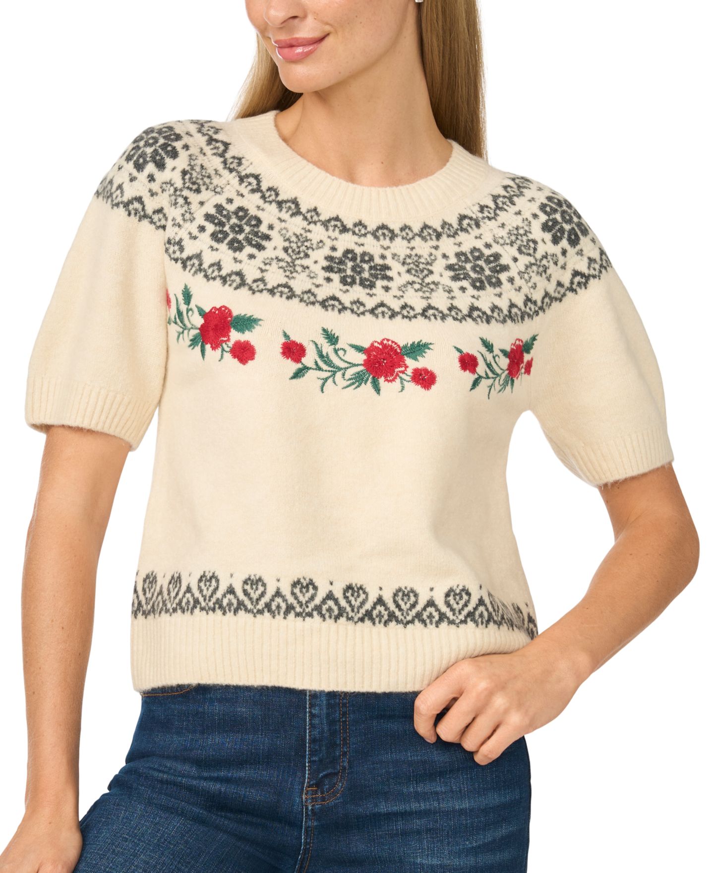 Женский свитер CeCe Fair Isle Short-Sleeve, цвет: Берёзовый — фото 2