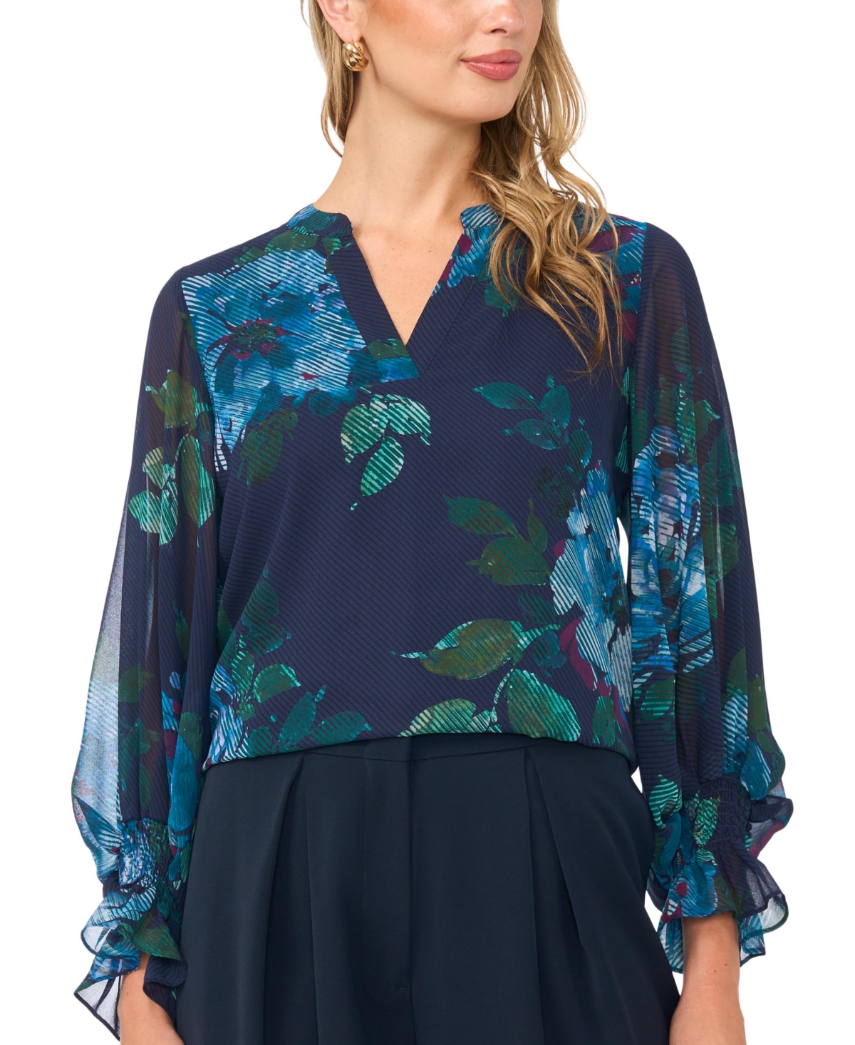 Vince Camuto Women's Split Neck Long-Sleeve Smocked Cuffs Blouse - Rich Navy