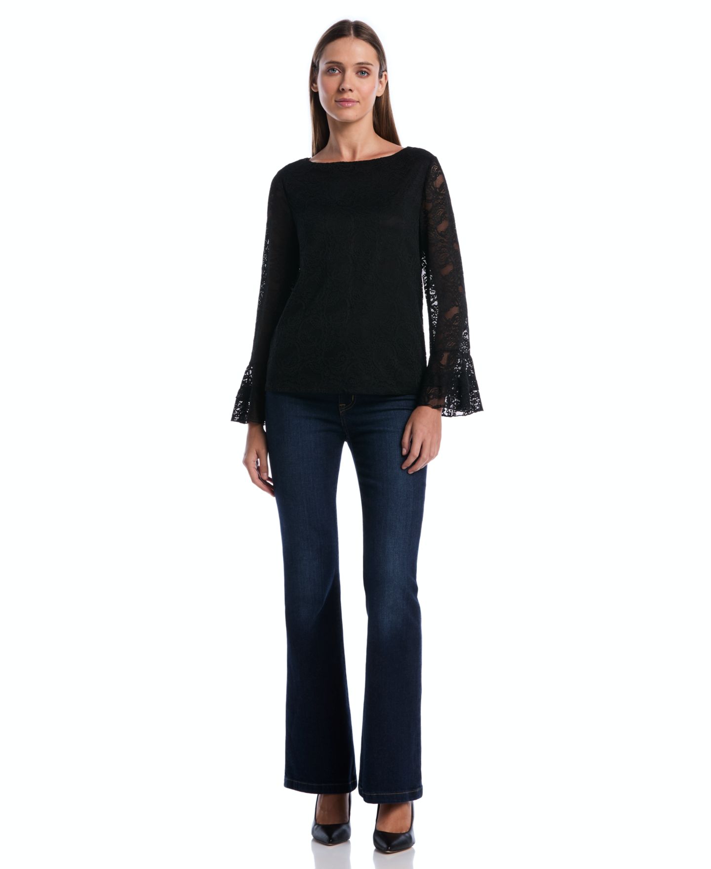 Женская блузка Rafaella Petite Boat Neck Lace Long-Ruffle-Sleeve, цвет: Чёрный — фото 2