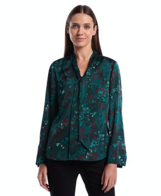 Petite Long-Sleeve Floral-Print V-Neck Blouse