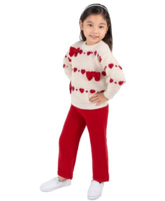 Girls' 2T-6X Intarsia Sweater Heart-Pattern Long-Sleeve Sweater and Pants, 2-Piece Set