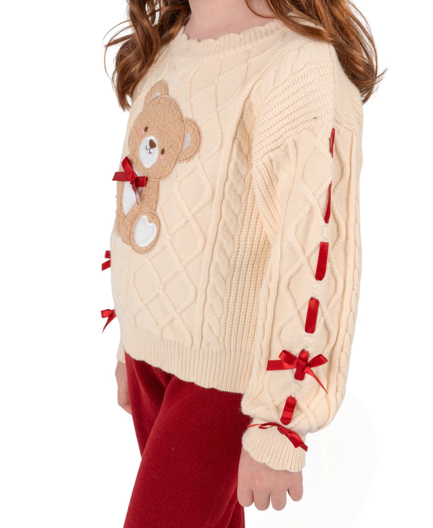 Rare Editions Girls' 2T-6X Cable-Knit Ruffle-Hem Sweater and Leggings, 2-Piece Set, цвет: Светло-коричневый / Красный — фото 3