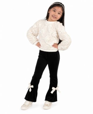 Toddler Girls' 2T-6X Long-Sleeve Textured Floral Appliqu&eacute; Velvet Flare Top and Pants, 2-Piece Set